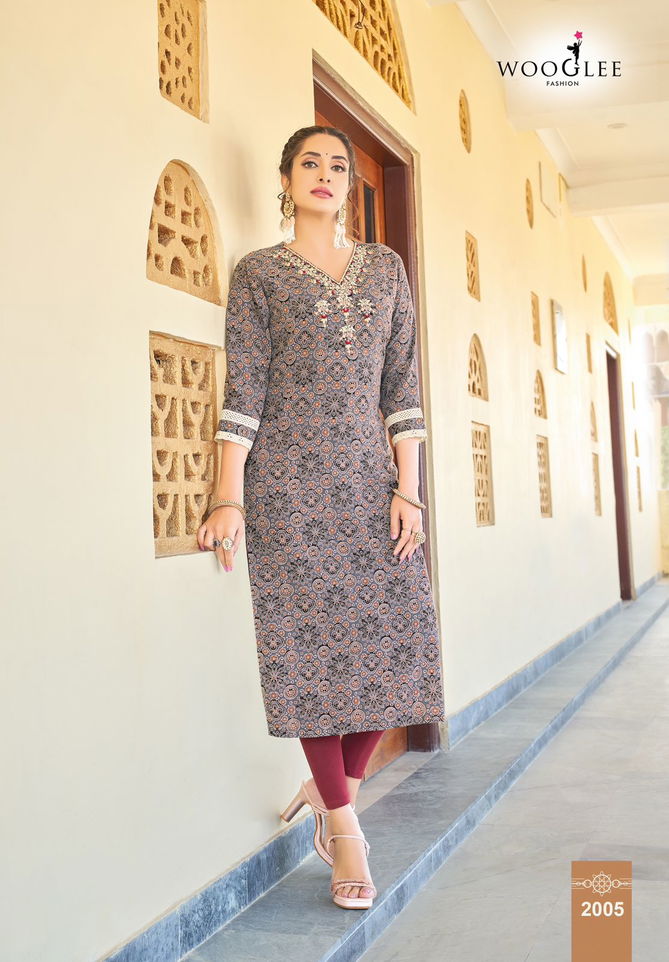 Rutika By Wooglee Rayon Printed Embroidery Kurti Wholesale Market In Surat